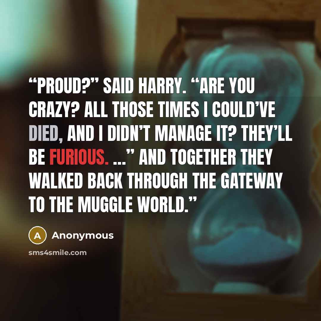 “Proud?” said Harry. “Are you crazy? All those times I could’ve died, and I didn’t manage it? They’ll be furious. …” And together they walked back through the gateway to the Muggle world.” quote by Anonymous