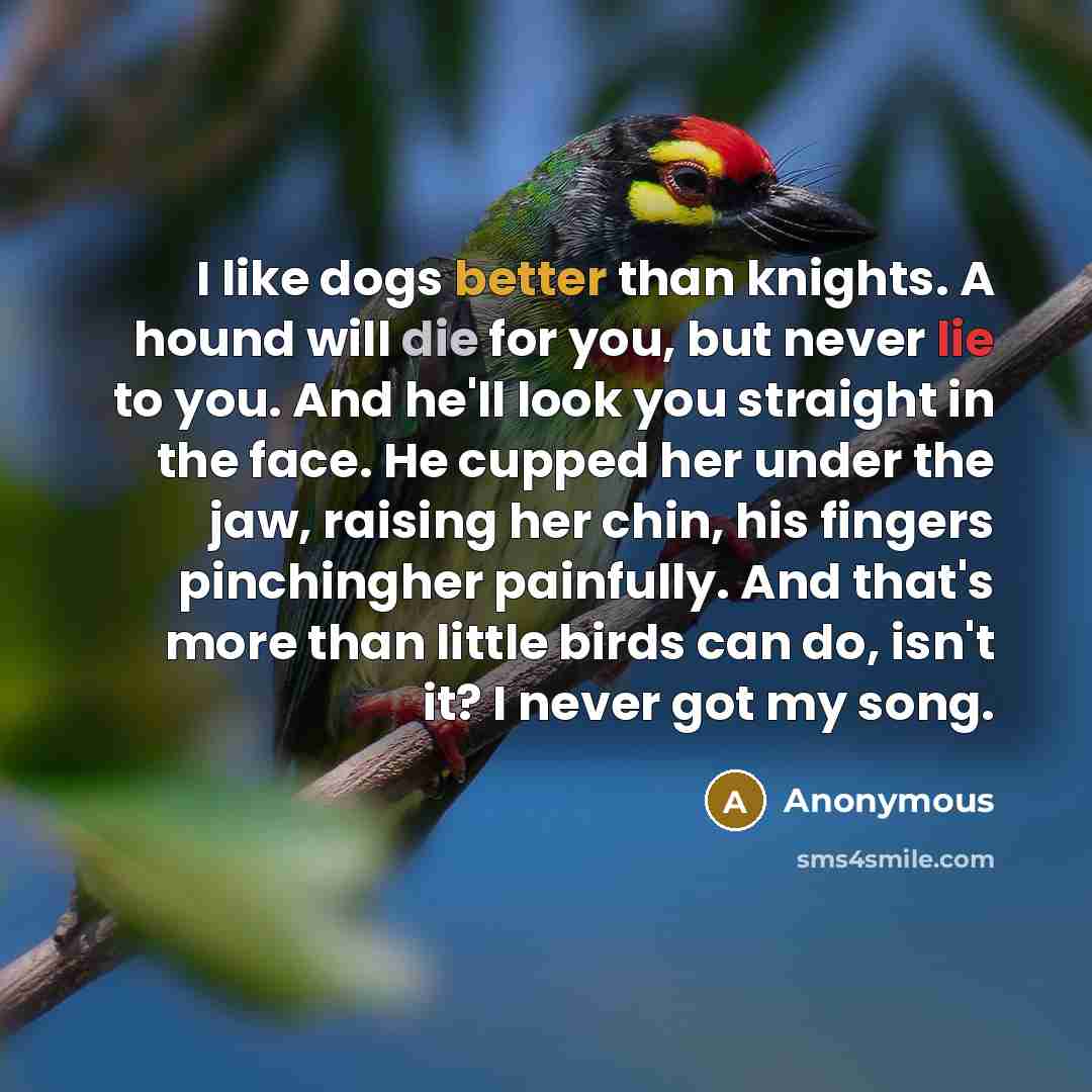“I like dogs better than knights. A hound will die for you, but never lie to you. And he'll look you straight in the face. He cupped her under the jaw, raising her chin, his fingers pinchingher painfully. And that's more than little birds can do, isn't it? I never got my song.” quote by Anonymous