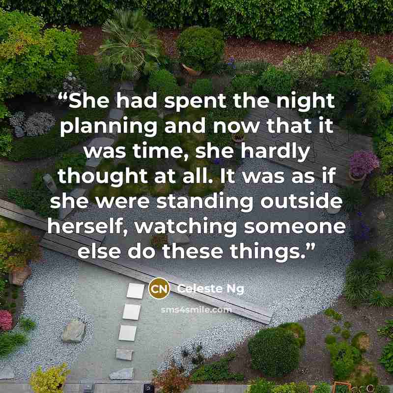 “She had spent the night planning and now that it was time, she hardly thought at all. It was as if she were standing outside herself, watching someone else do these things.” quote by Celeste Ng