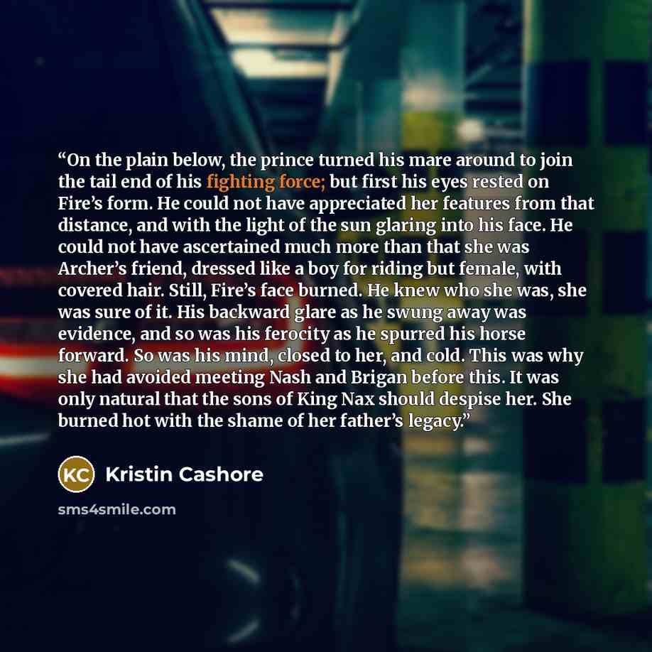 “On the plain below, the prince turned his mare around to join the tail end of his fighting force; but first his eyes rested on Fire’s form. He could not have appreciated her features from that distance, and with the light of the sun glaring into his face. He could not have ascertained much more…” quote by Kristin Cashore