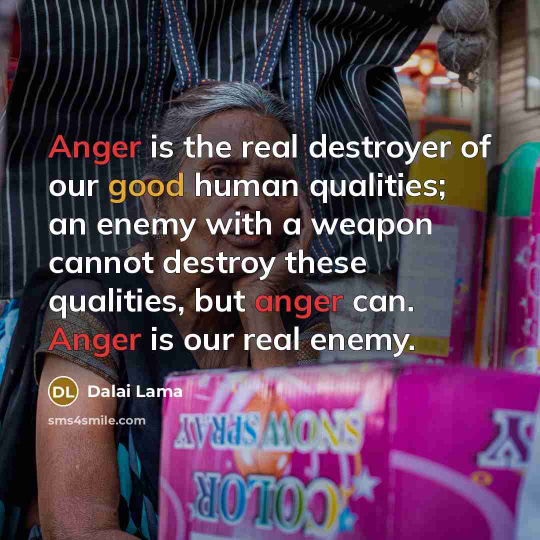 “Anger is the real destroyer of our good human qualities;…” quote by Dalai Lama