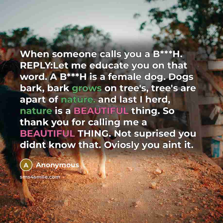 “When someone calls you a B***H. REPLY:Let me educate you on that word. A B***H is a female dog. Dogs bark, bark grows on tree's, tree's are apart of nature. and last I herd, nature is a BEAUTIFUL thing. So thank you for calling me a BEAUTIFUL THING. Not suprised you didnt know that. Oviosly you…” quote by Anonymous