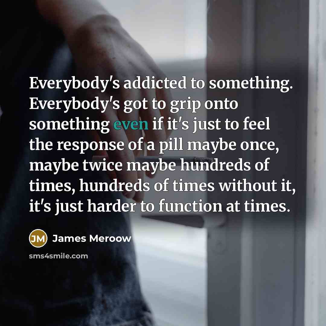“Everybody's addicted to something. Everybody's got to grip onto something even if it's just to feel the response of a pill maybe once, maybe twice maybe hundreds of times, hundreds of times without it, it's just harder to function at times.” quote by James Meroow