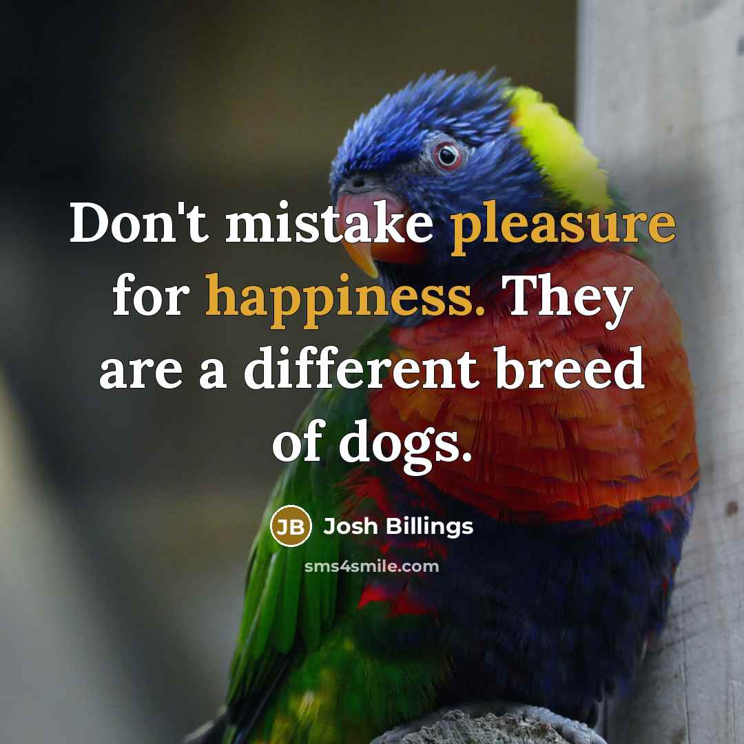“Don't mistake pleasure for happiness. They are a different breed of dogs.” quote by Josh Billings