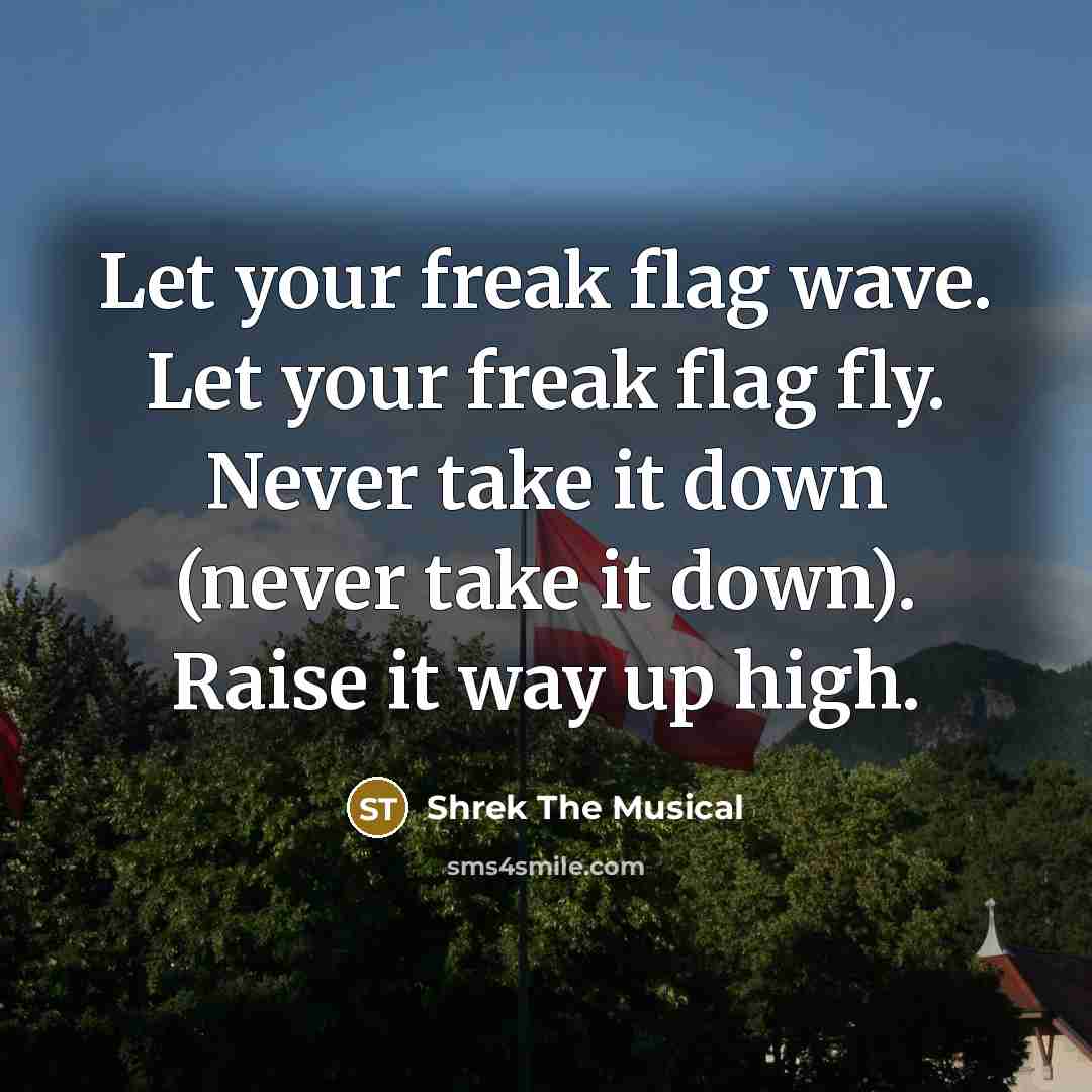 “Let your freak flag wave. Let your freak flag fly. Never take it down (never take it down). Raise it way up high.” quote by Shrek The Musical