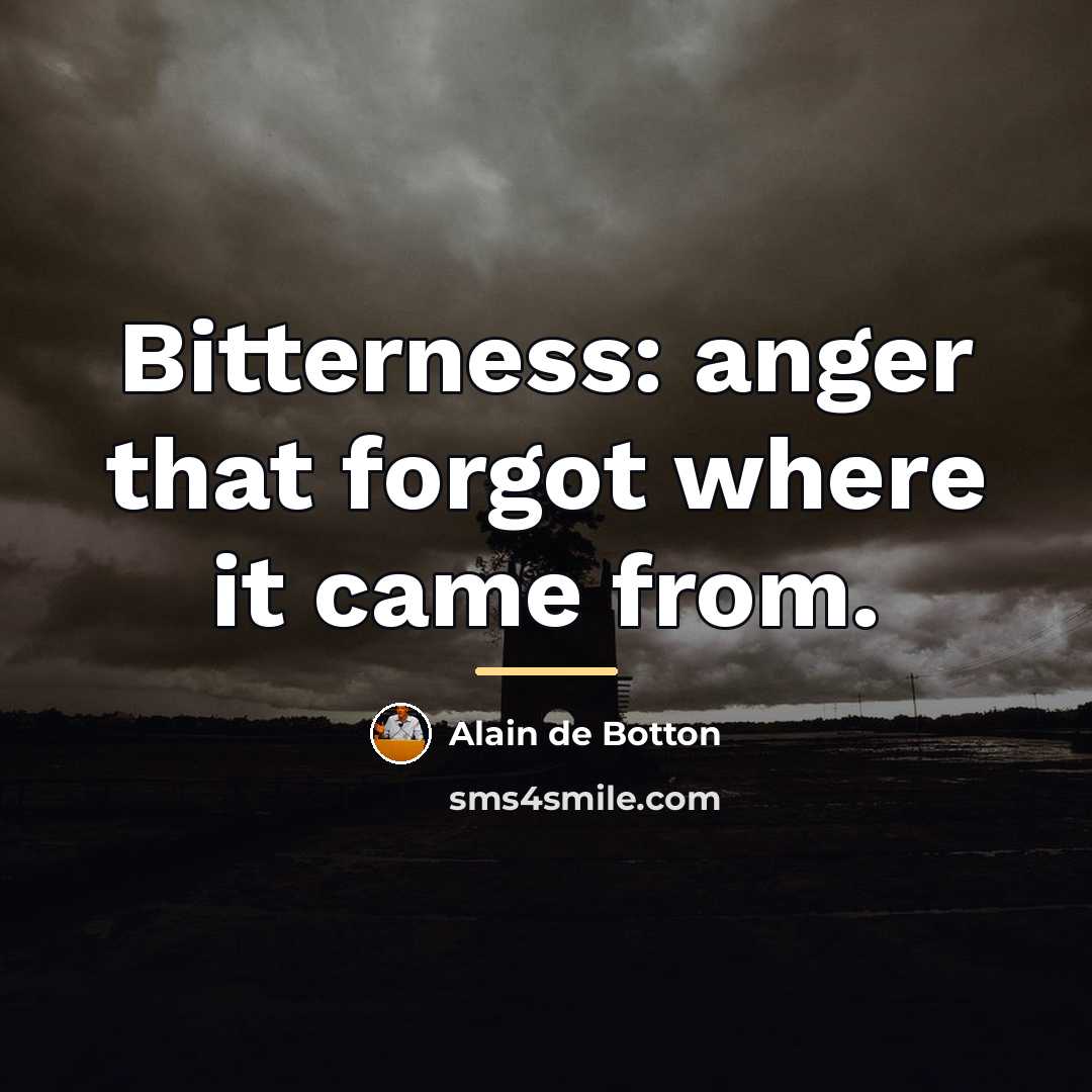“Bitterness: anger that forgot where it came from.…” quote by Alain de Botton