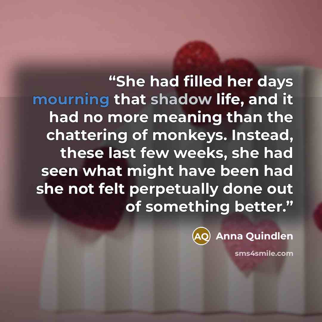 “She had filled her days mourning that shadow life, and it had no more meaning than the chattering of monkeys. Instead, these last few weeks, she had seen what might have been had she not felt perpetually done out of something better.” quote by Anna Quindlen