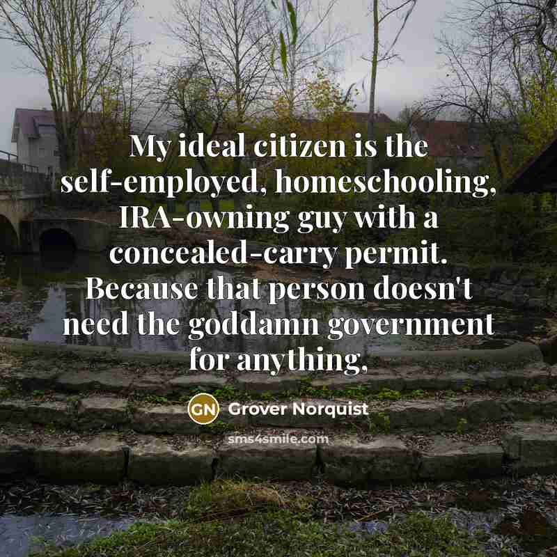 “My ideal citizen is the self-employed, homeschooling, IRA-owning guy with a concealed-carry permit. Because that person doesn't need the goddamn government for anything,” quote by Grover Norquist