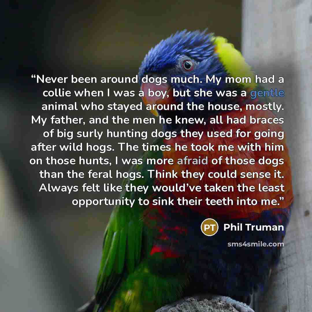 “Never been around dogs much. My mom had a collie when I was a boy, but she was a gentle animal who stayed around the house, mostly. My father, and the men he knew, all had braces of big surly hunting dogs they used for going after wild hogs. The times he took me with him on those hunts, I was more…” quote by Phil Truman