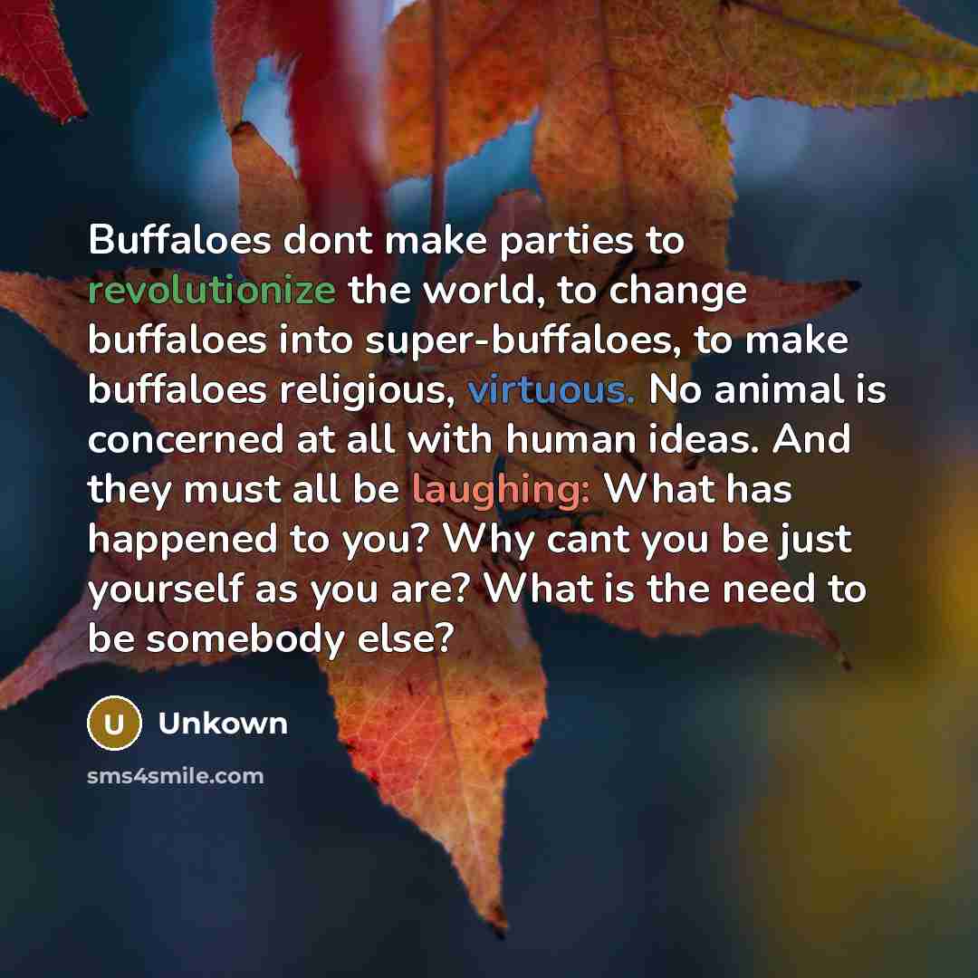 “Buffaloes dont make parties to revolutionize the world, to change buffaloes into super-buffaloes, to make buffaloes religious, virtuous. No animal is concerned at all with human ideas. And they must all be laughing: What has happened to you? Why cant you be just yourself as you are? What is the…” quote by Unkown