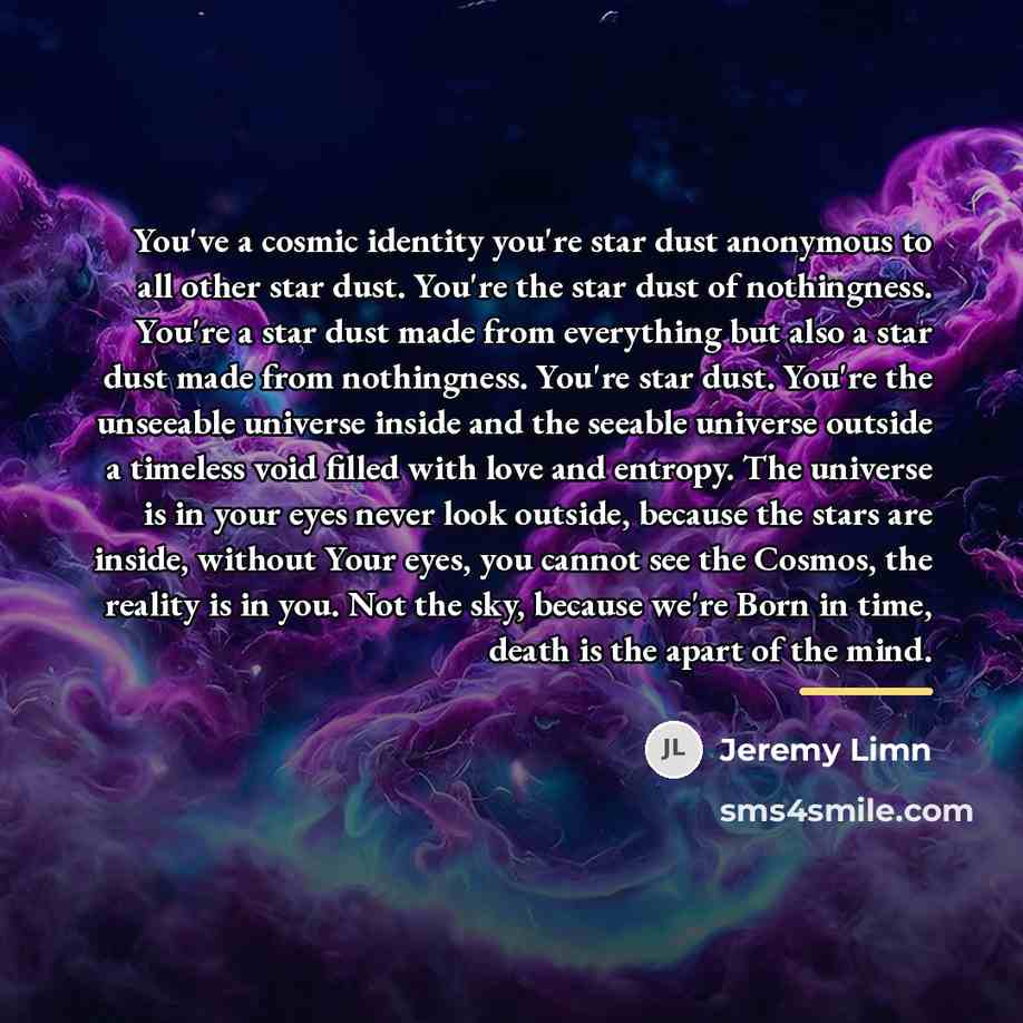 “You've a cosmic identity you're star dust anonymous to all…” quote by Jeremy Limn