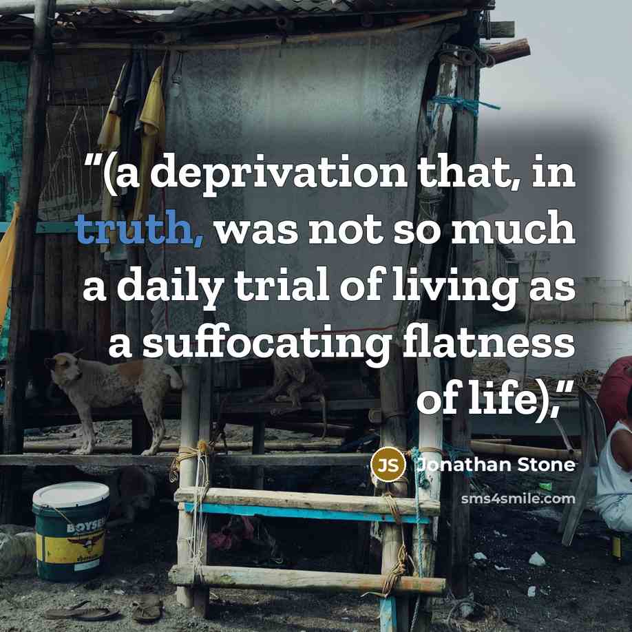 “(a deprivation that, in truth, was not so much a daily trial of living as a suffocating flatness of life),” quote by Jonathan Stone