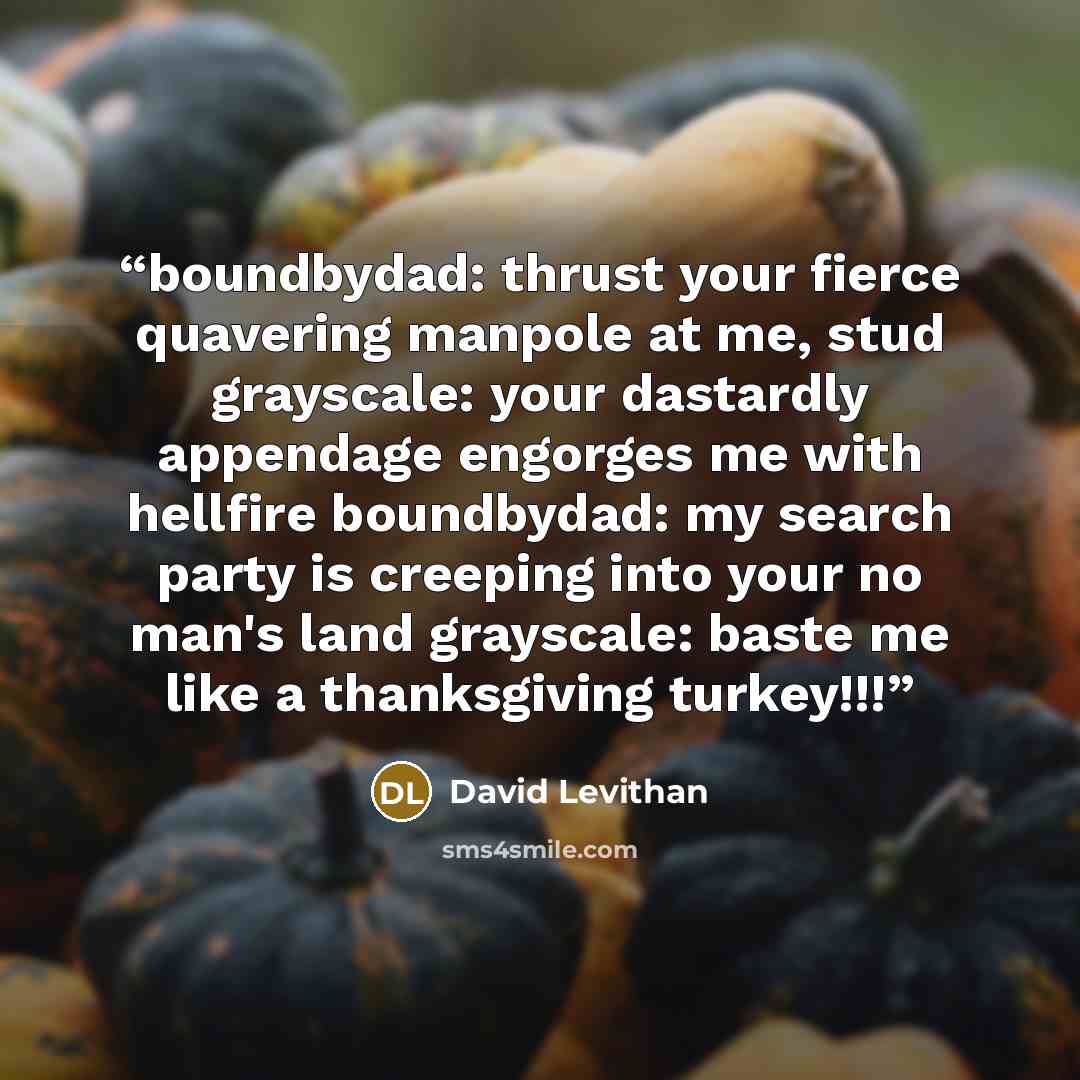 “boundbydad: thrust your fierce quavering manpole at me, stud grayscale: your dastardly appendage engorges me with hellfire boundbydad: my search party is creeping into your no man's land grayscale: baste me like a thanksgiving turkey!!!” quote by David Levithan
