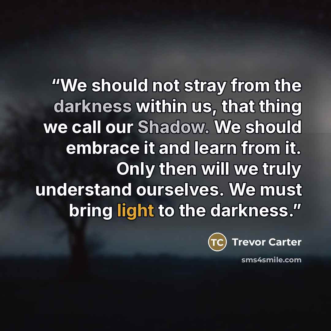“We should not stray from the darkness within us, that thing we call our Shadow. We should embrace it and learn from it. Only then will we truly understand ourselves. We must bring light to the darkness.” quote by Trevor Carter