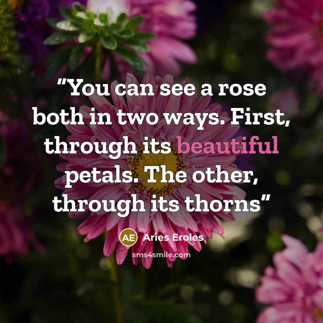 “You can see a rose both in two ways. First, through its beautiful petals. The other, through its thorns” quote by Aries Eroles