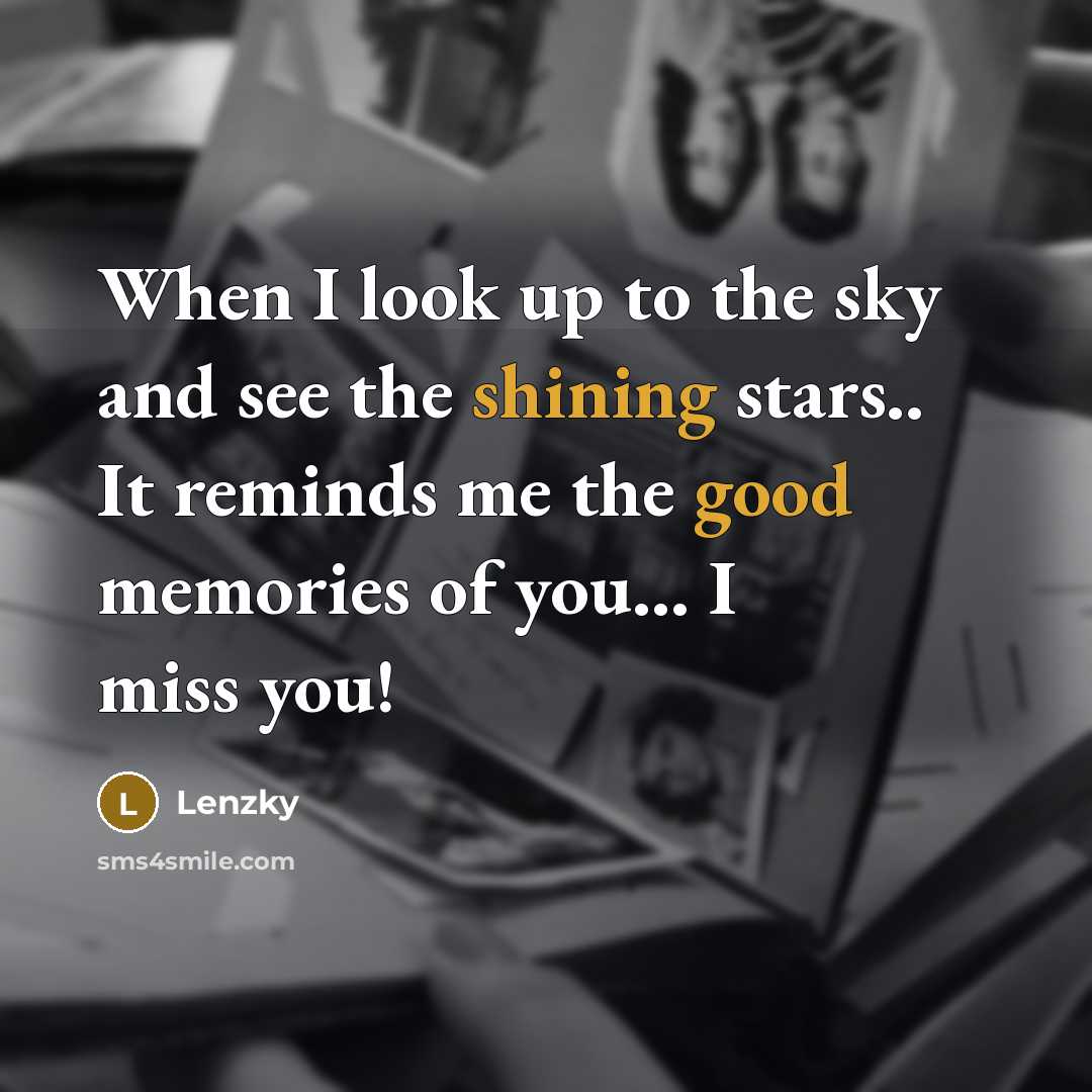 “When I look up to the sky and see the shining stars.. It reminds me the good memories of you... I miss you!” quote by Lenzky