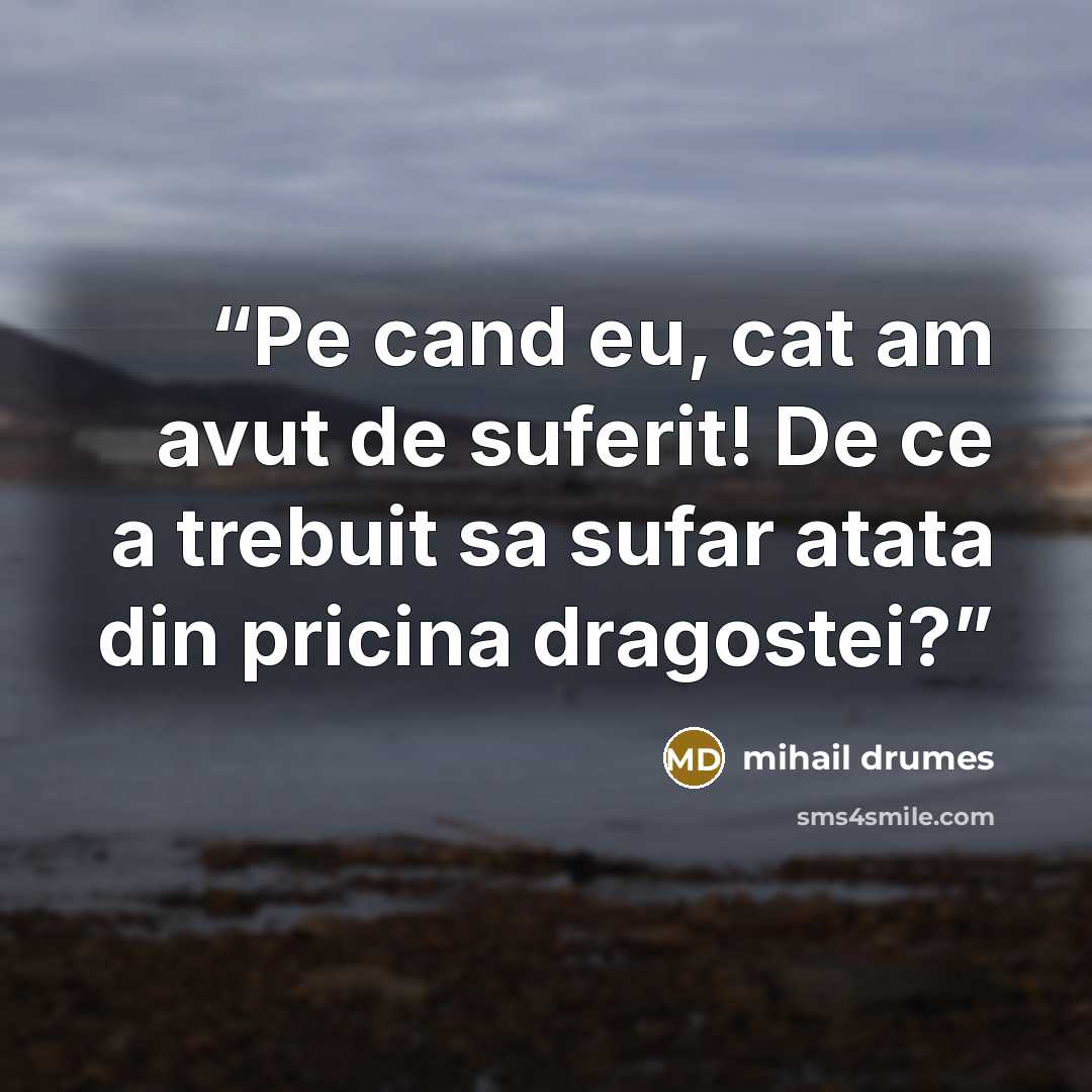 “Pe cand eu, cat am avut de suferit! De ce a trebuit sa sufar atata din pricina dragostei?” quote by Mihail Drumeş