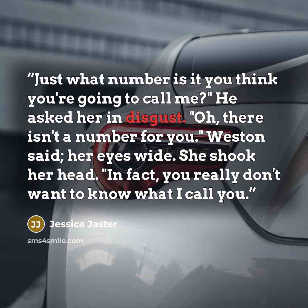 “Just what number is it you think you're going to call me?" He asked her in disgust. "Oh, there isn't a number for you." Weston said; her eyes wide. She shook her head. "In fact, you really don't want to know what I call you.” quote by Jessica Jaster
