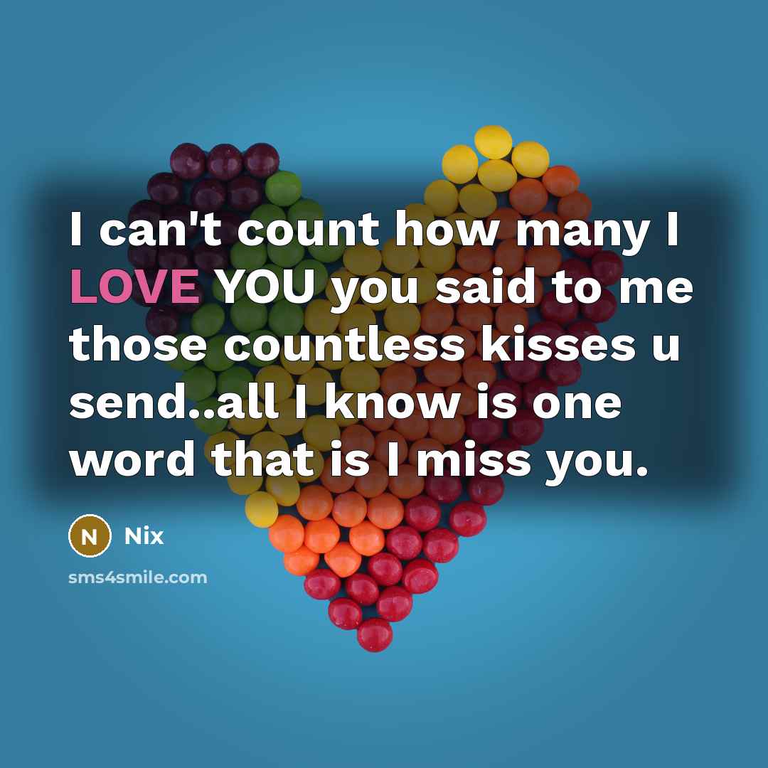 “I can't count how many I LOVE YOU you said to me those countless kisses u send..all I know is one word that is I miss you.” quote by Nix