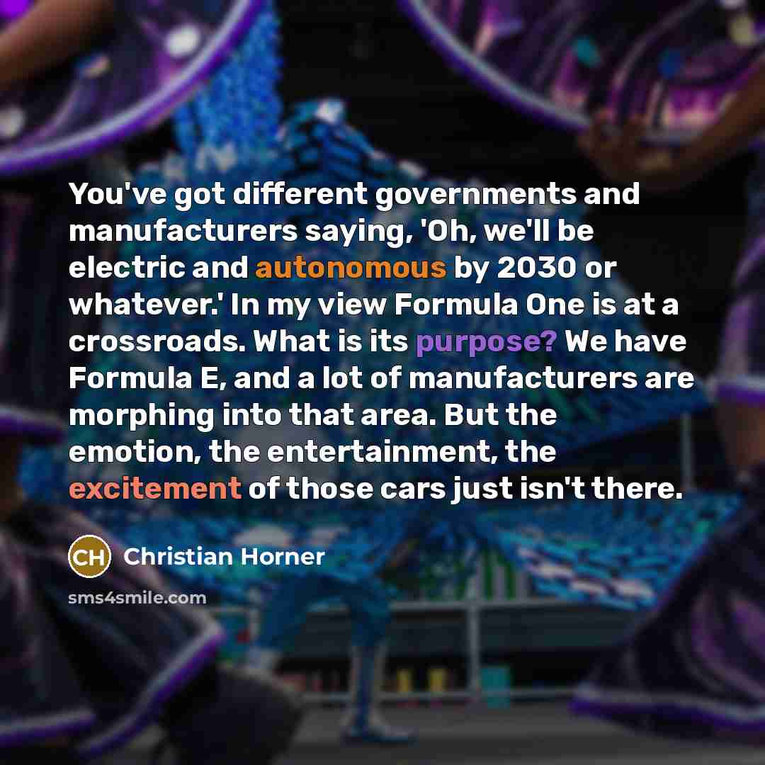 “You've got different governments and manufacturers saying, 'Oh, we'll be electric and autonomous by 2030 or whatever.' In my view Formula One is at a crossroads. What is its purpose? We have Formula E, and a lot of manufacturers are morphing into that area. But the emotion, the entertainment, the…” quote by Christian Horner