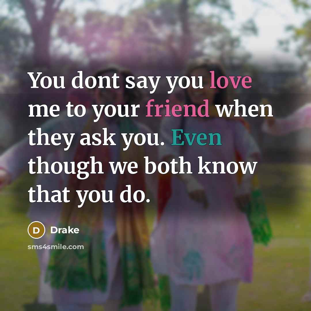 “You dont say you love me to your friend when they ask you. Even though we both know that you do.” quote by Drake