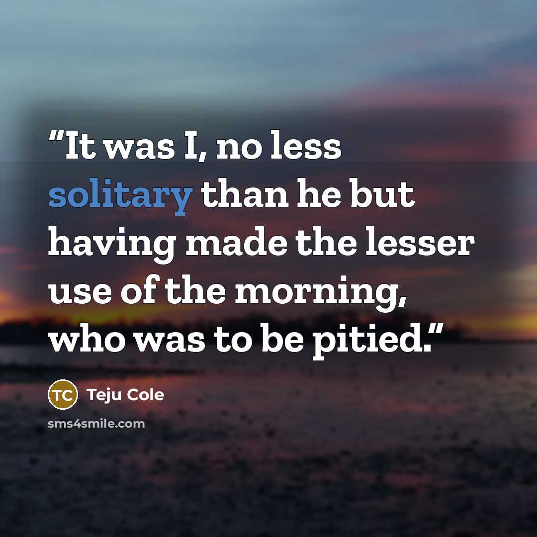 “It was I, no less solitary than he but having made the lesser use of the morning, who was to be pitied.” quote by Teju Cole