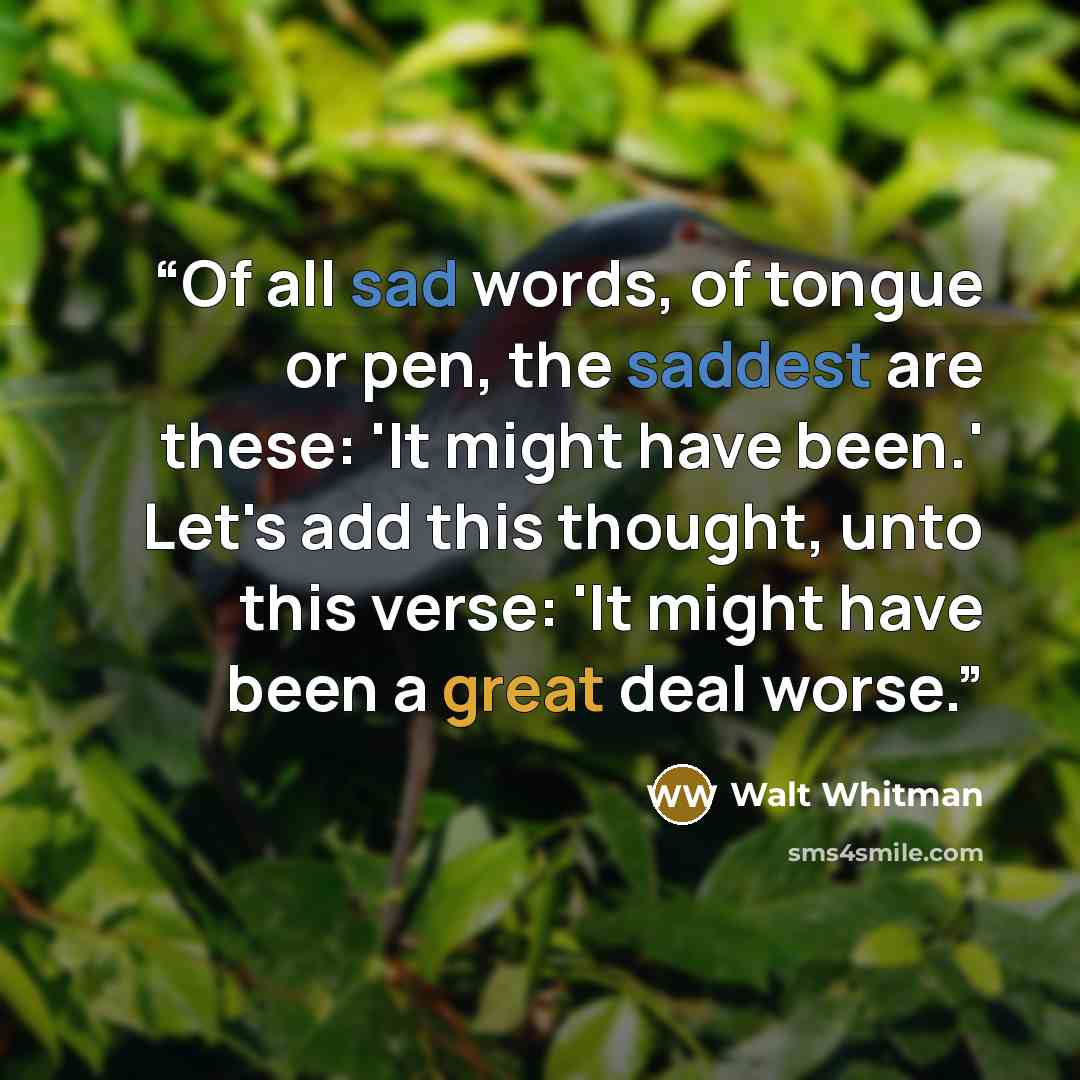 “Of all sad words, of tongue or pen, the saddest are these: 'It might have been.' Let's add this thought, unto this verse: 'It might have been a great deal worse.” quote by Walt Whitman