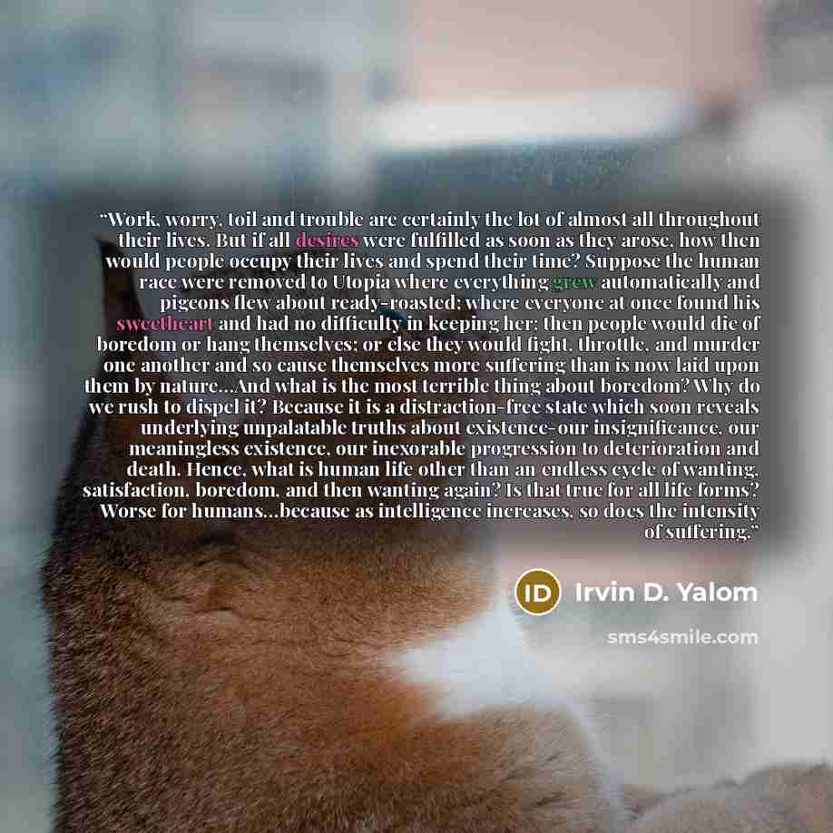 “Work, worry, toil and trouble are certainly the lot of almost all throughout their lives. But if all desires were fulfilled as soon as they arose, how then would people occupy their lives and spend their time? Suppose the human race were removed to Utopia where everything grew automatically and…” quote by Irvin D. Yalom