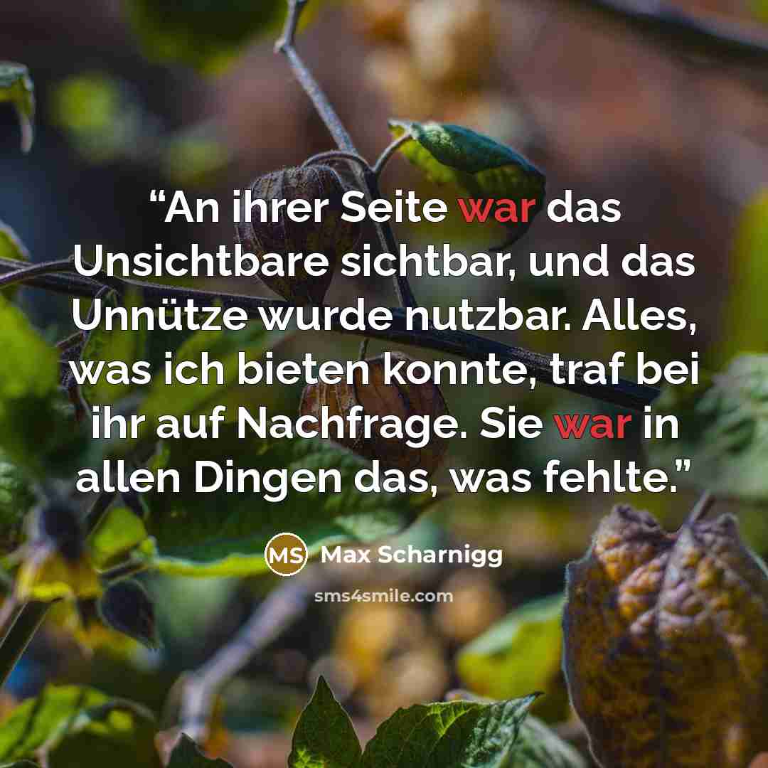 “An ihrer Seite war das Unsichtbare sichtbar, und das Unnütze wurde nutzbar. Alles, was ich bieten konnte, traf bei ihr auf Nachfrage. Sie war in allen Dingen das, was fehlte.” quote by Max Scharnigg