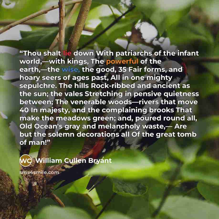“Thou shalt lie down With patriarchs of the infant world,—with kings, The powerful of the earth,—the wise, the good, 35 Fair forms, and hoary seers of ages past, All in one mighty sepulchre. The hills Rock-ribbed and ancient as the sun; the vales Stretching in pensive quietness between; The…” quote by William Cullen Bryant