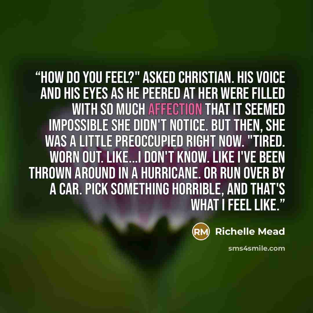 “How do you feel?" asked Christian. His voice and his eyes as he peered at her were filled with so much affection that it seemed impossible she didn't notice. But then, she was a little preoccupied right now. "Tired. Worn out. Like...I don't know. Like I've been thrown around in a hurricane. Or run…” quote by Richelle Mead