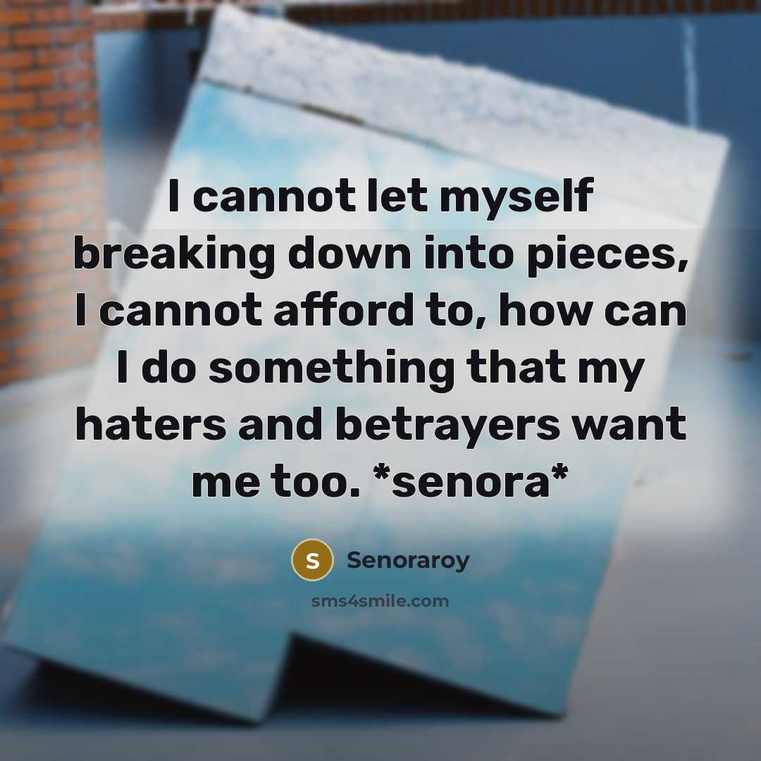 “I cannot let myself breaking down into pieces, I cannot afford to, how can I do something that my haters and betrayers want me too. *senora*” quote by Senoraroy