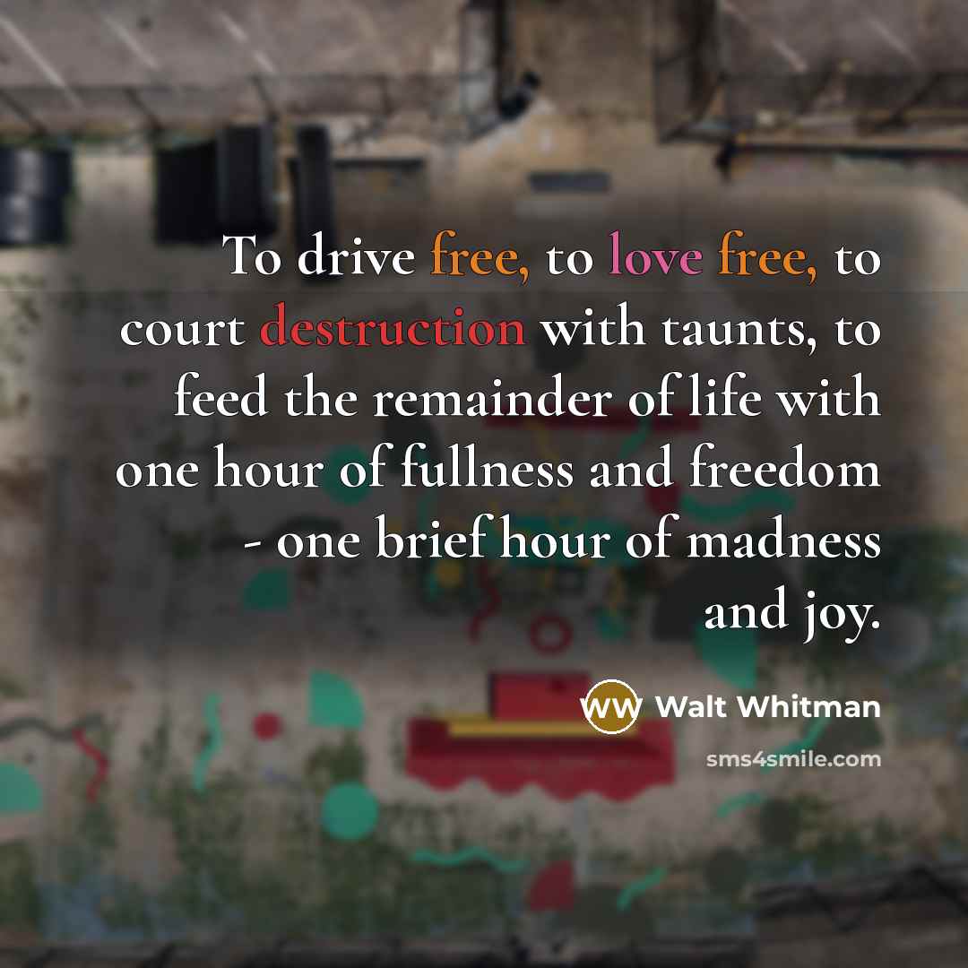“To drive free, to love free, to court destruction with…” quote by Walt Whitman