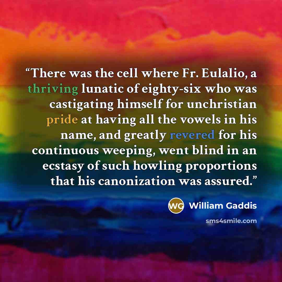 “There was the cell where Fr. Eulalio, a thriving lunatic of eighty-six who was castigating himself for unchristian pride at having all the vowels in his name, and greatly revered for his continuous weeping, went blind in an ecstasy of such howling proportions that his canonization was assured.” quote by William Gaddis
