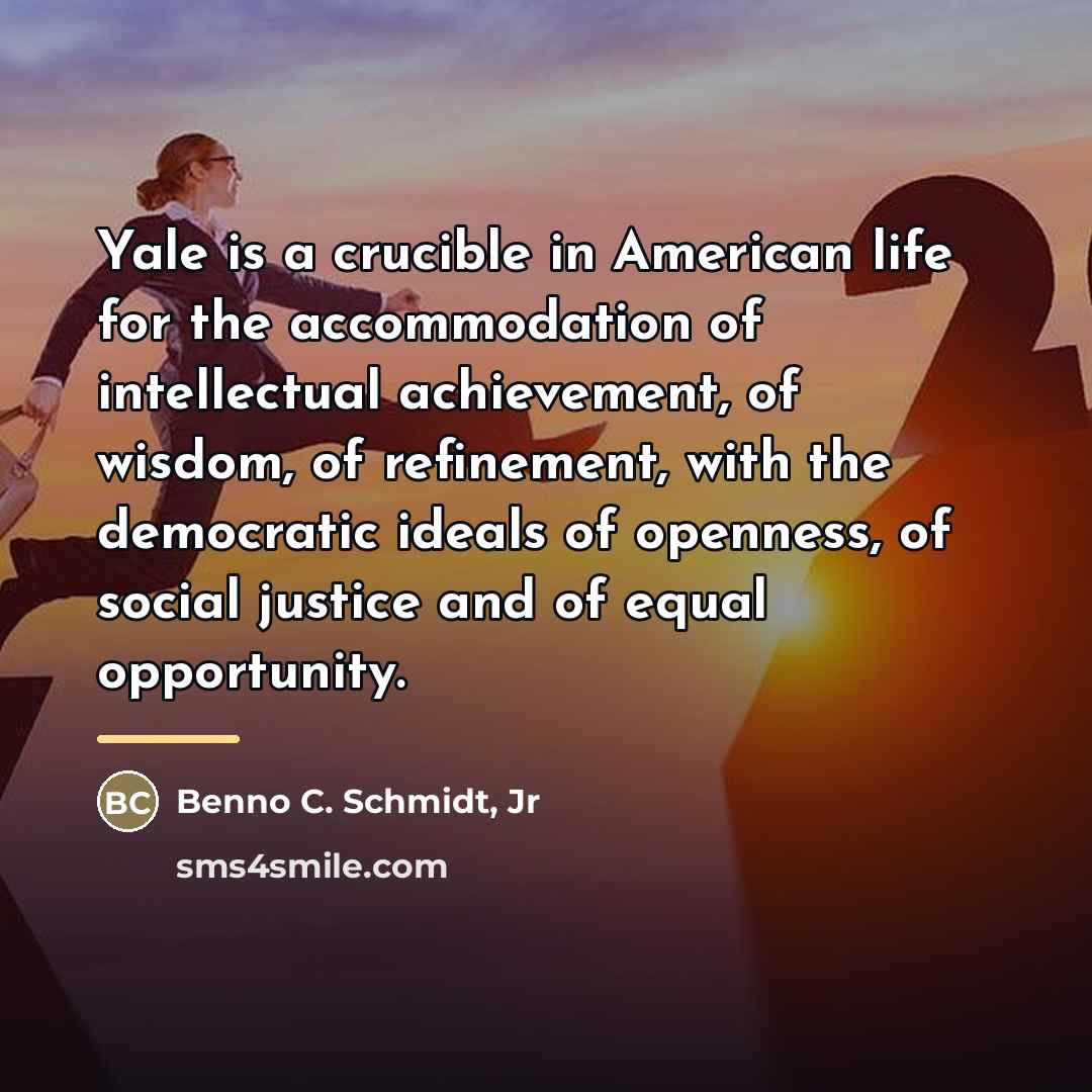 “Yale is a crucible in American life for the accommodation…” quote by Benno C. Schmidt, Jr