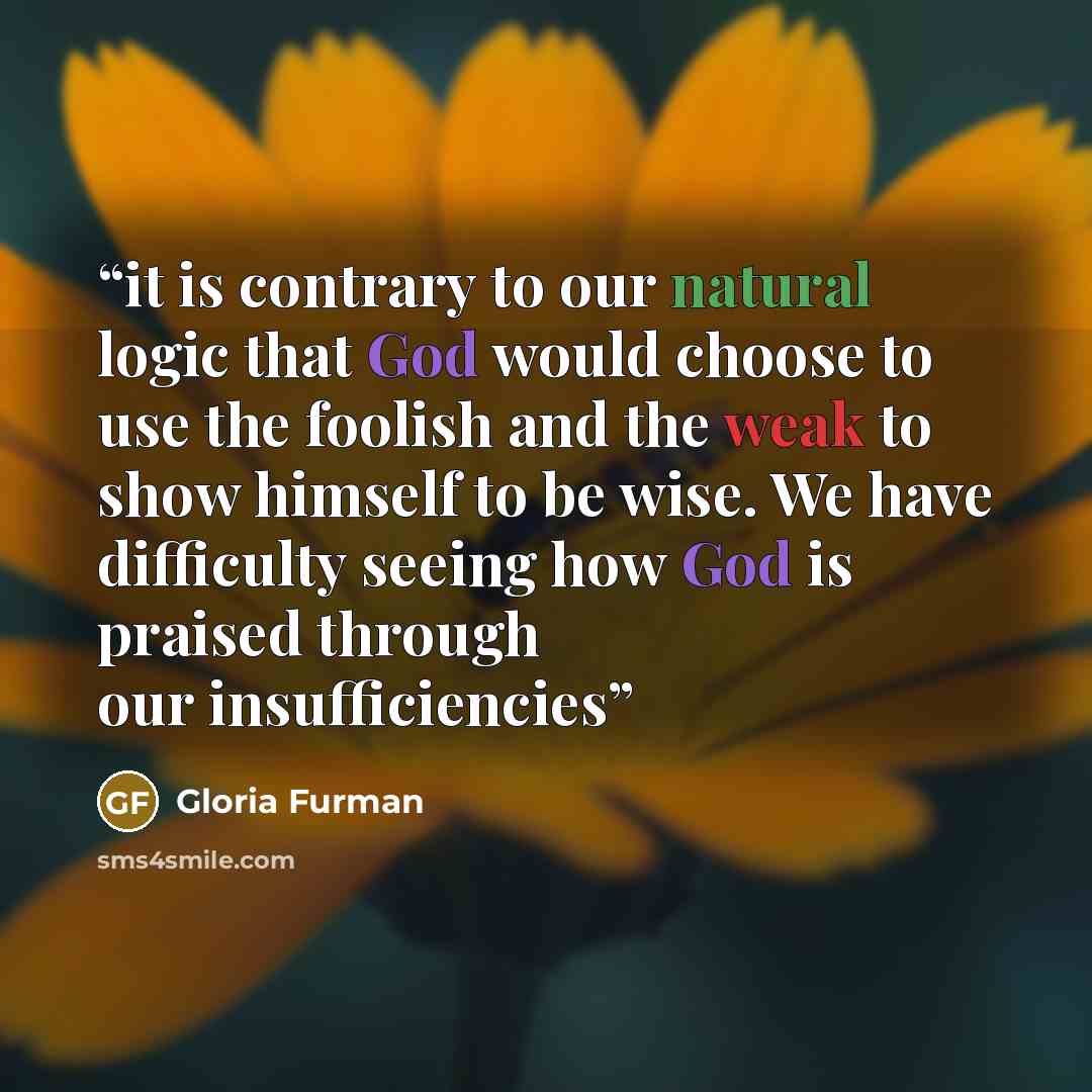 “it is contrary to our natural logic that God would choose to use the foolish and the weak to show himself to be wise. We have difficulty seeing how God is praised through our insufficiencies” quote by Gloria Furman