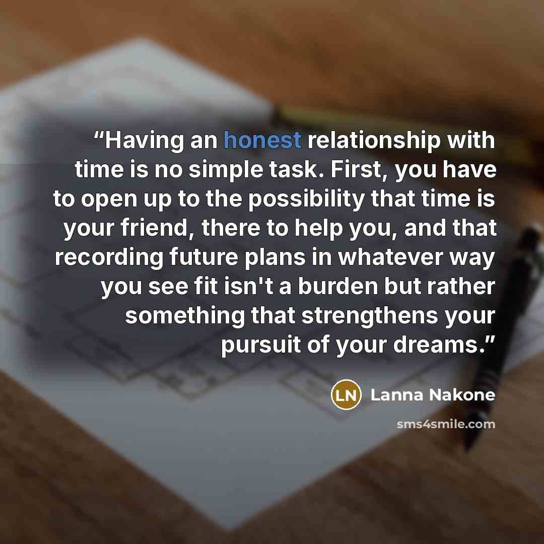 “Having an honest relationship with time is no simple task. First, you have to open up to the possibility that time is your friend, there to help you, and that recording future plans in whatever way you see fit isn't a burden but rather something that strengthens your pursuit of your dreams.” quote by Lanna Nakone