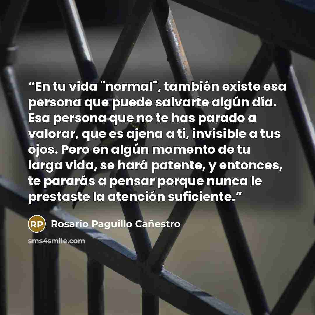 “En tu vida "normal", también existe esa persona que puede salvarte algún día. Esa persona que no te has parado a valorar, que es ajena a ti, invisible a tus ojos. Pero en algún momento de tu larga vida, se hará patente, y entonces, te pararás a pensar porque nunca le prestaste la atención…” quote by Rosario Paguillo Cañestro
