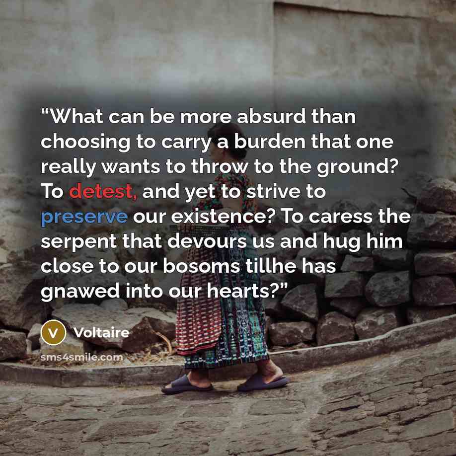 “What can be more absurd than choosing to carry a burden that one really wants to throw to the ground? To detest, and yet to strive to preserve our existence? To caress the serpent that devours us and hug him close to our bosoms tillhe has gnawed into our hearts?” quote by Voltaire