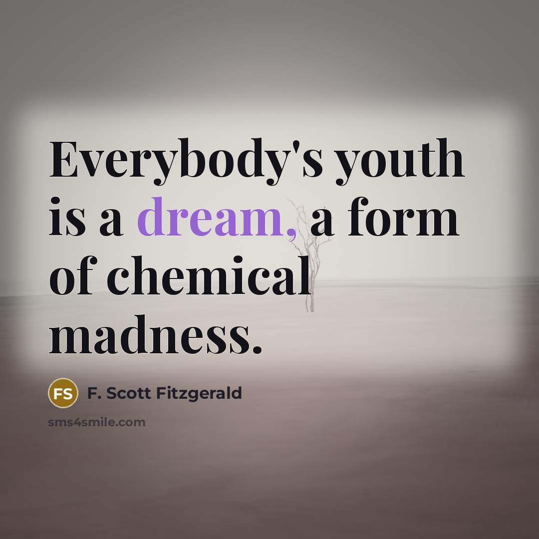 “Everybody's youth is a dream, a form of chemical madness.…” quote by F. Scott Fitzgerald