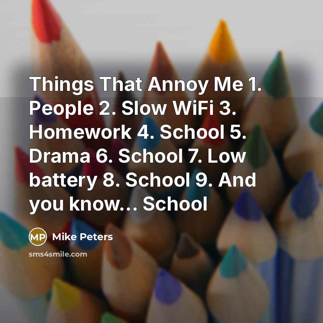 “Things That Annoy Me 1. People 2. Slow WiFi 3. Homework 4. School 5. Drama 6. School 7. Low battery 8. School 9. And you know... School” quote by Mike Peters