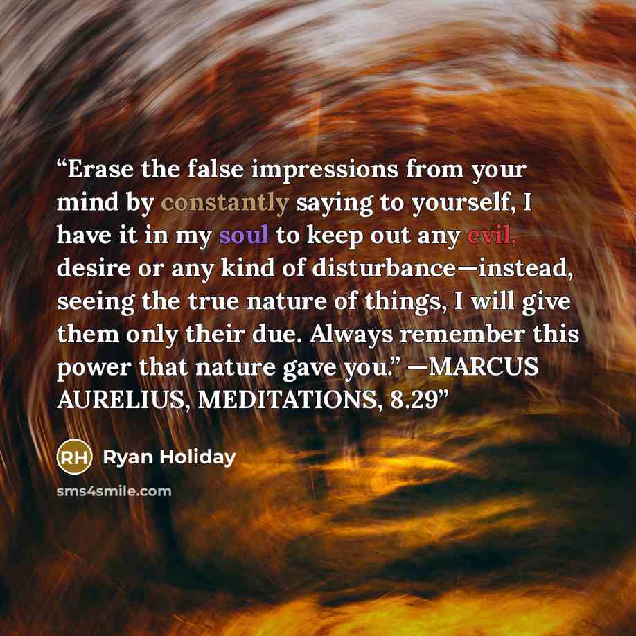 “Erase the false impressions from your mind by constantly saying to yourself, I have it in my soul to keep out any evil, desire or any kind of disturbance—instead, seeing the true nature of things, I will give them only their due. Always remember this power that nature gave you.” —MARCUS AURELIUS…” quote by Ryan Holiday