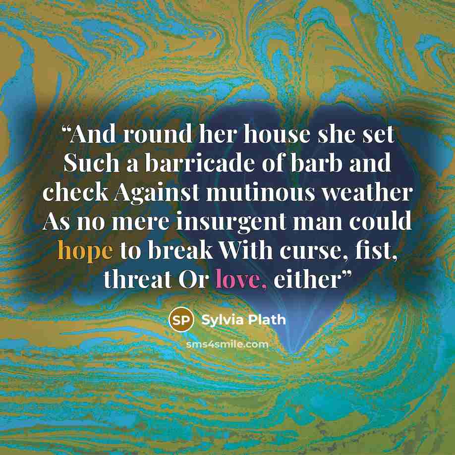 “And round her house she set Such a barricade of barb and check Against mutinous weather As no mere insurgent man could hope to break With curse, fist, threat Or love, either” quote by Sylvia Plath