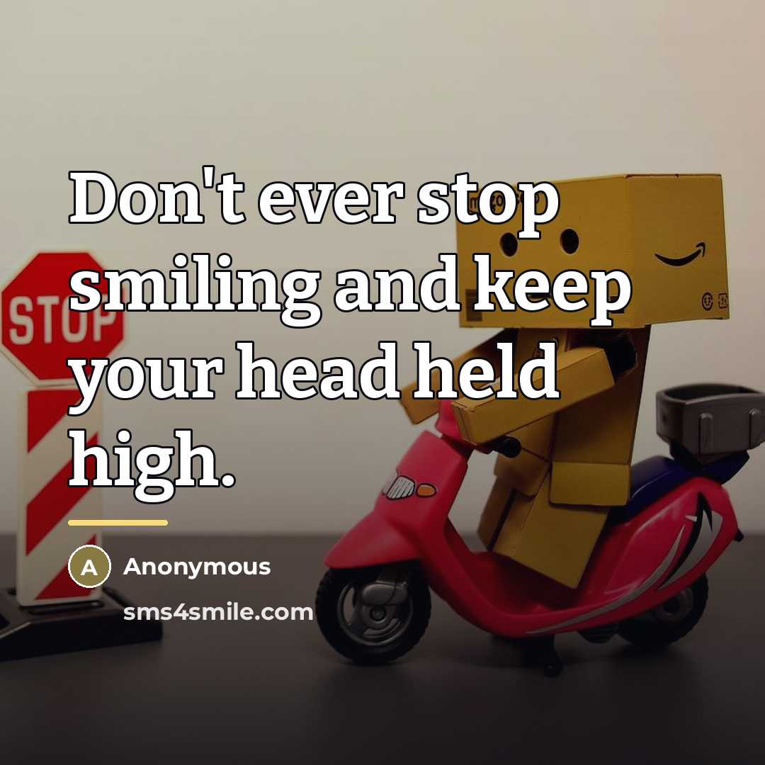 “Don't ever stop smiling and keep your head held high.…” quote by Anonymous