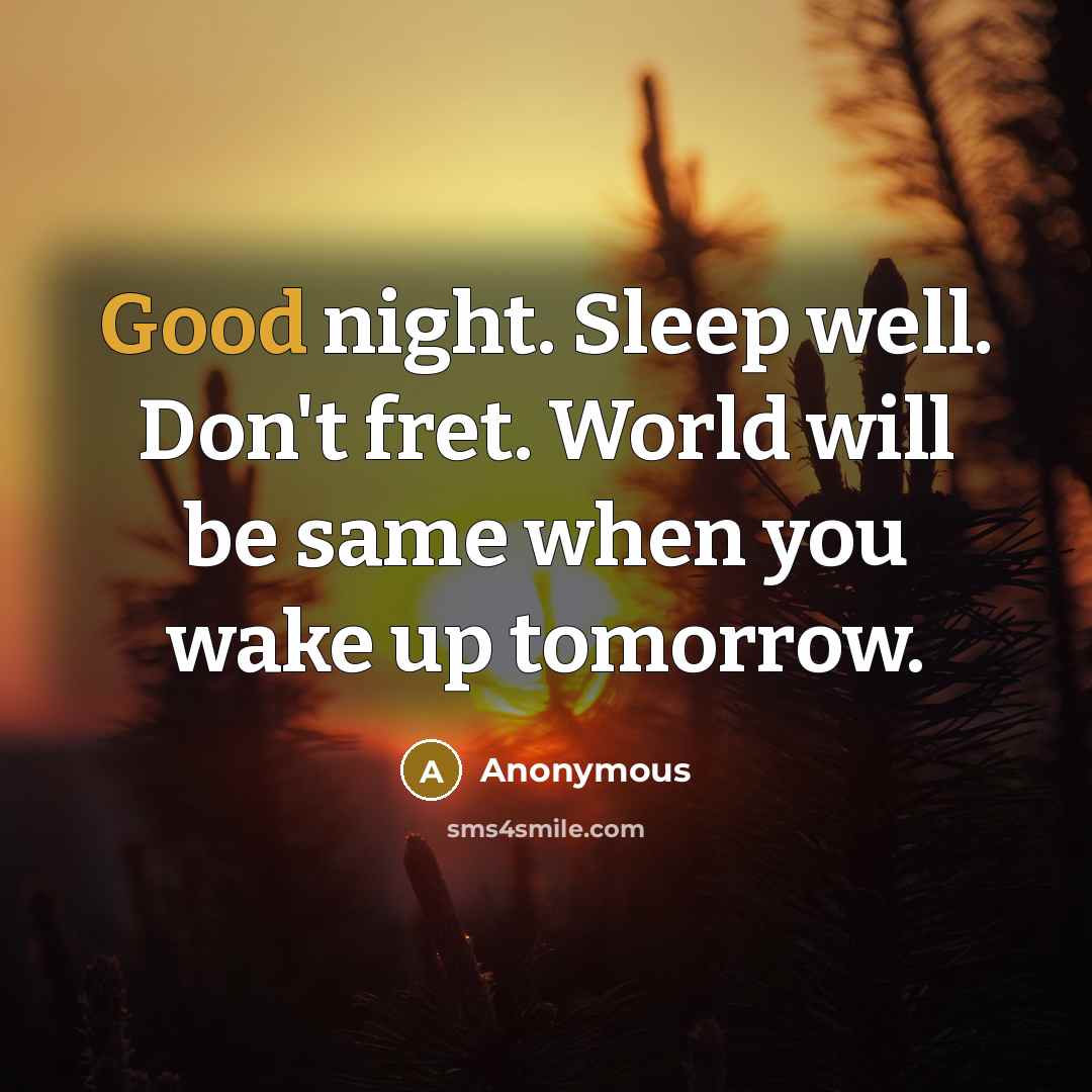 “Good night. Sleep well. Don't fret. World will be same when you wake up tomorrow.” quote by Anonymous