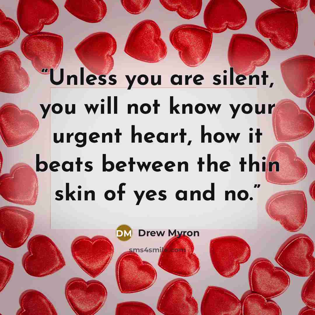 “Unless you are silent, you will not know your urgent heart, how it beats between the thin skin of yes and no.” quote by Drew Myron