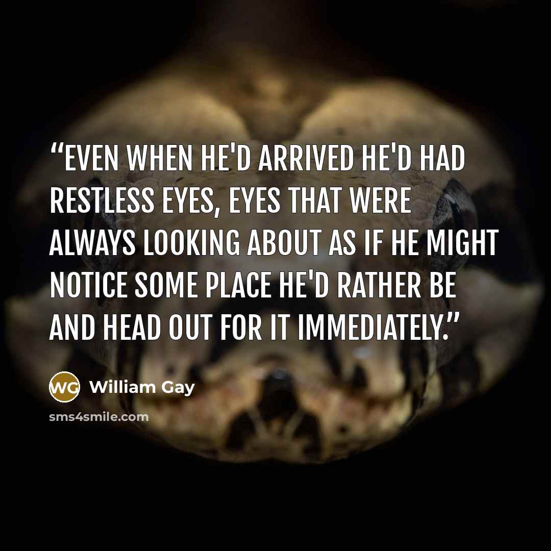 “Even when he'd arrived he'd had restless eyes, eyes that were always looking about as if he might notice some place he'd rather be and head out for it immediately.” quote by William Gay