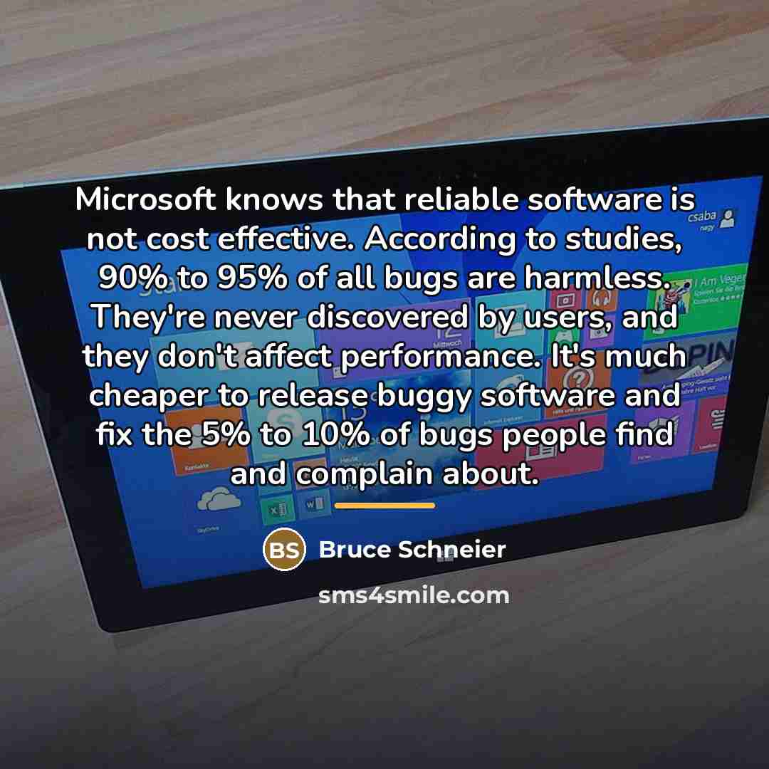“Microsoft knows that reliable software is not cost effective. According…” quote by Bruce Schneier