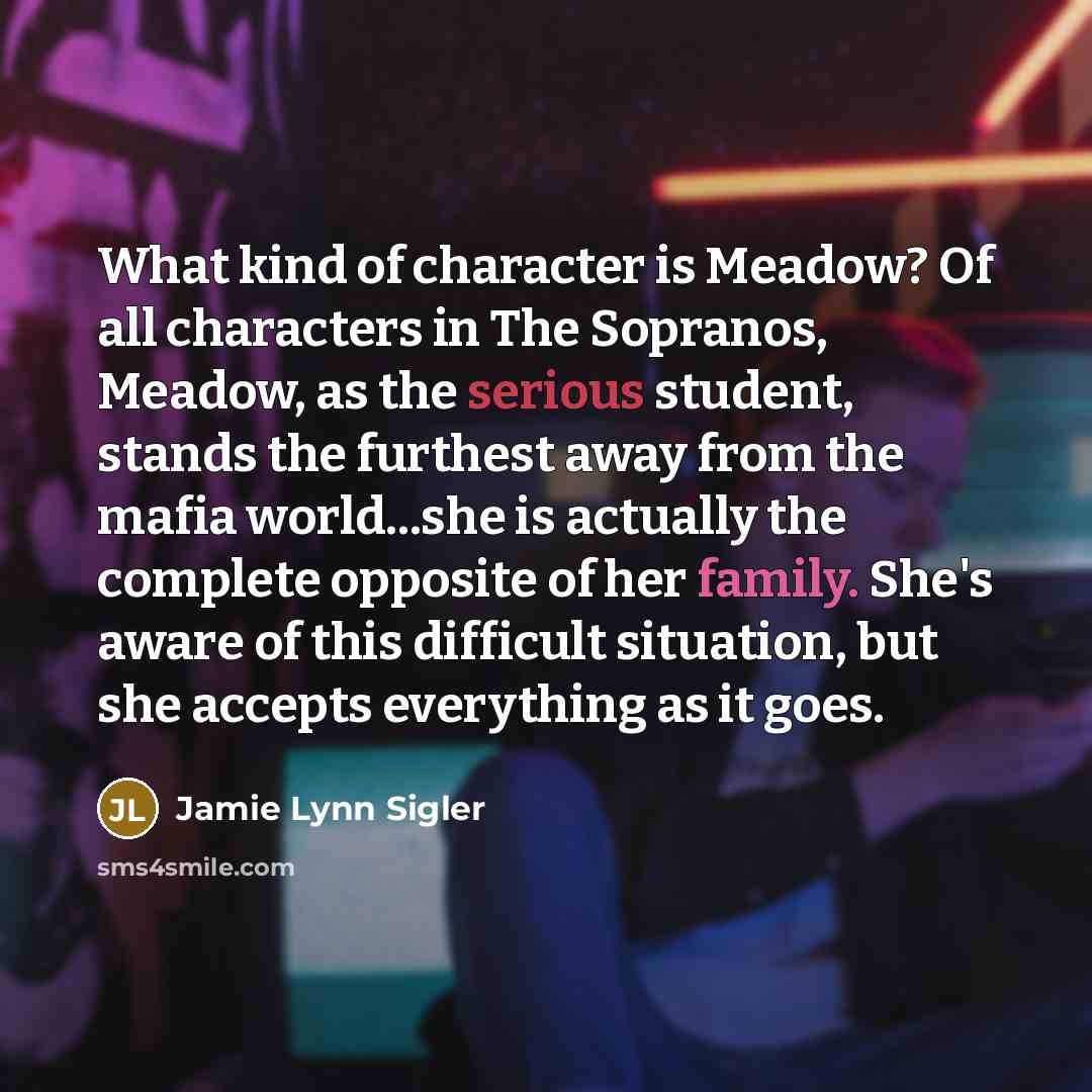 “What kind of character is Meadow? Of all characters in The Sopranos, Meadow, as the serious student, stands the furthest away from the mafia world...she is actually the complete opposite of her family. She's aware of this difficult situation, but she accepts everything as it goes.” quote by Jamie Lynn Sigler