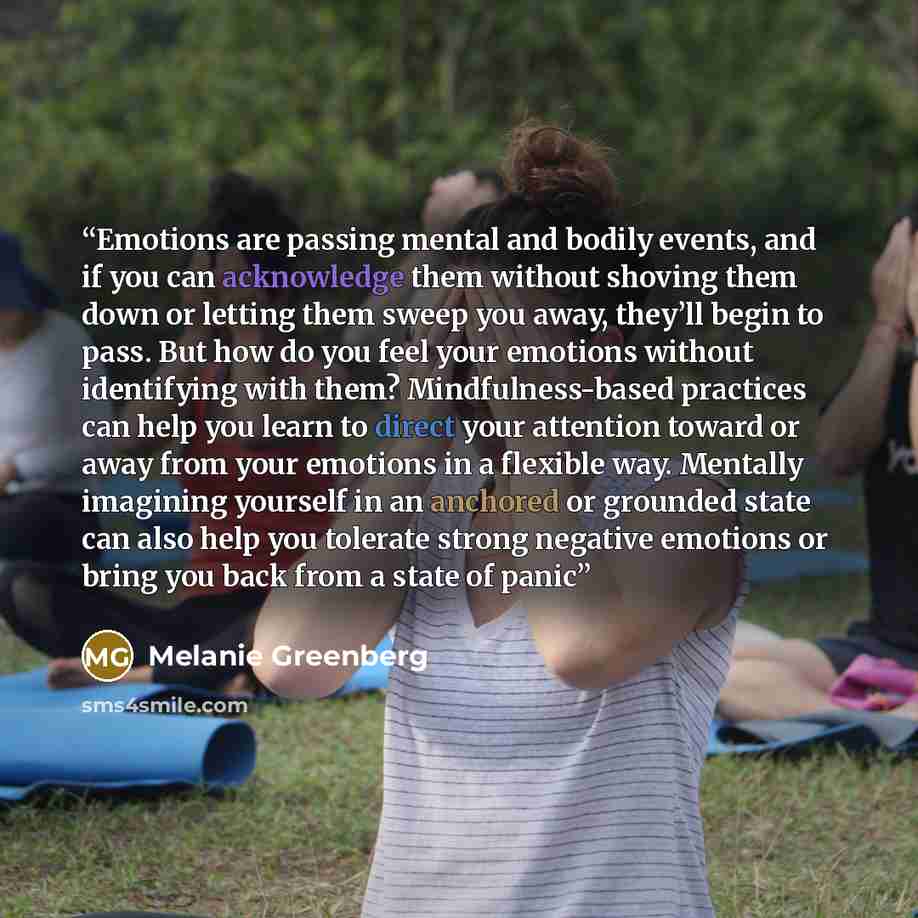 “Emotions are passing mental and bodily events, and if you can acknowledge them without shoving them down or letting them sweep you away, they’ll begin to pass. But how do you feel your emotions without identifying with them? Mindfulness-based practices can help you learn to direct your attention…” quote by Melanie Greenberg